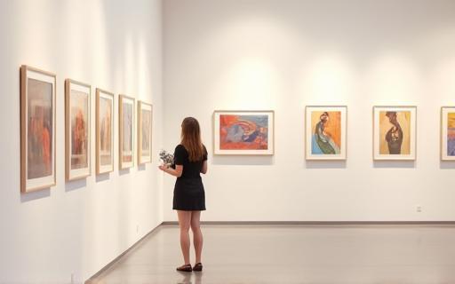 Visitante apreciando obras na galeria